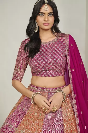 Rani Pink & Orange Embroidered Faux Georgette Stiched Lehenga Choli with Dupatta