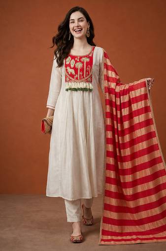 Women's Gorgeous Embroidery Silk Fabric Flared Anarkali Pant and Dupatta Set