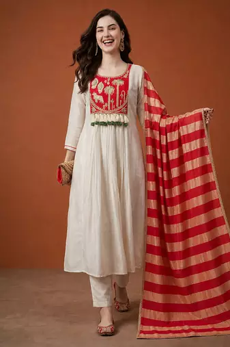 Women's Gorgeous Embroidery Silk Fabric Flared Anarkali Pant and Dupatta Set