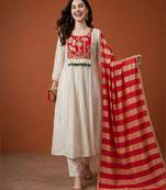 Women's Gorgeous Embroidery Silk Fabric Flared Anarkali Pant and Dupatta Set