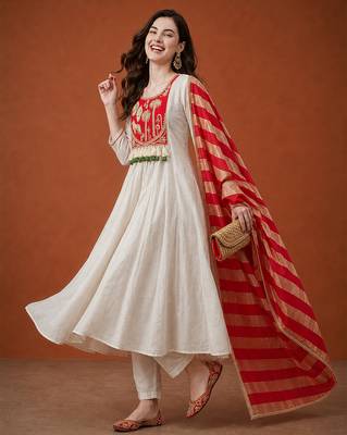 Women's Gorgeous Embroidery Silk Fabric Flared Anarkali Pant and Dupatta Set 3