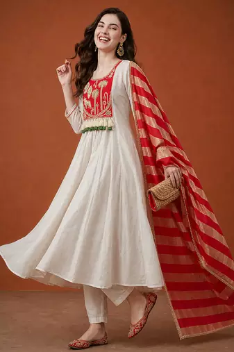 Women's Gorgeous Embroidery Silk Fabric Flared Anarkali Pant and Dupatta Set