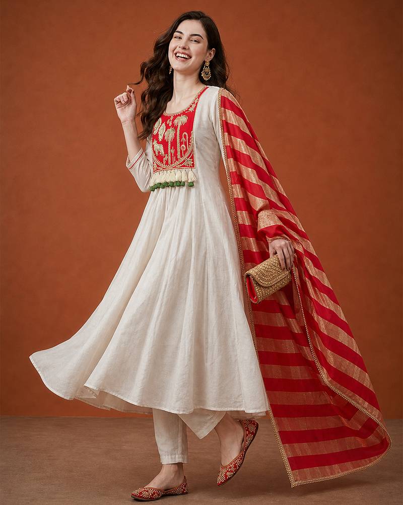 Women's Gorgeous Embroidery Silk Fabric Flared Anarkali Pant and Dupatta Set
