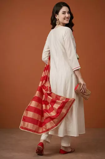 Women's Gorgeous Embroidery Silk Fabric Flared Anarkali Pant and Dupatta Set