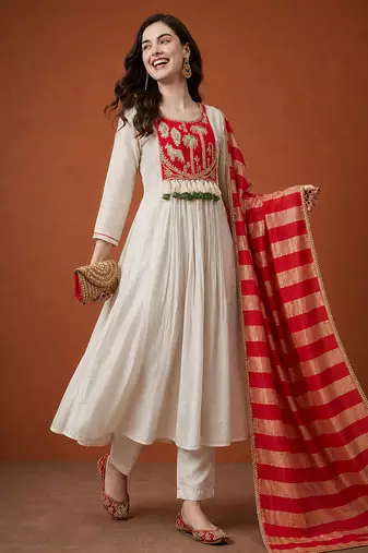Women's Gorgeous Embroidery Silk Fabric Flared Anarkali Pant and Dupatta Set
