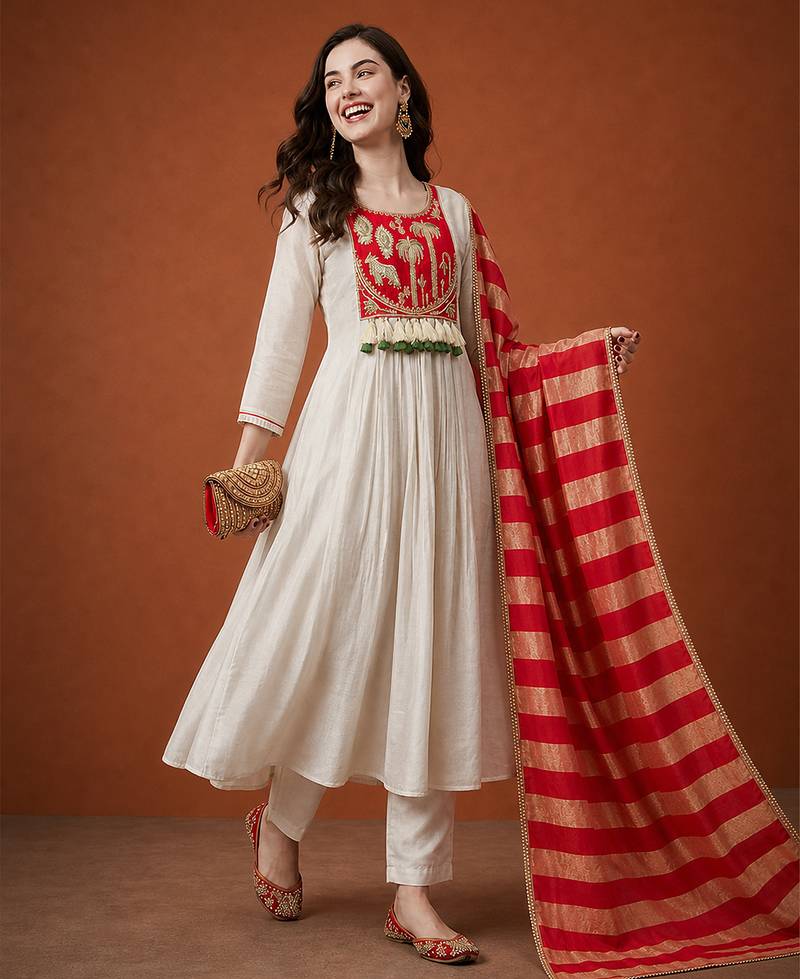 Women's Gorgeous Embroidery Silk Fabric Flared Anarkali Pant and Dupatta Set