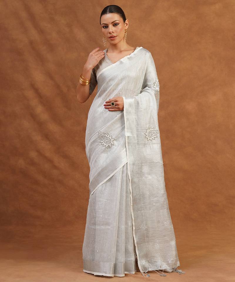 Silver grey tissue linen saree