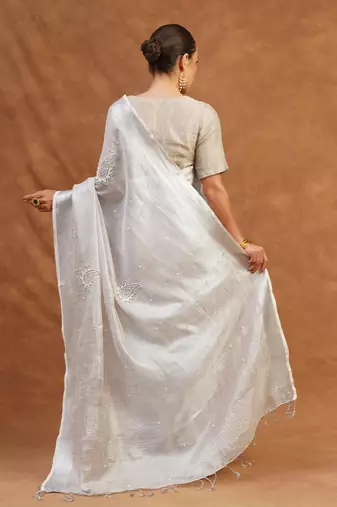 Silver grey tissue linen saree