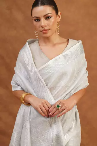 Silver grey tissue linen saree