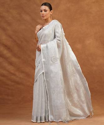 Silver grey tissue linen saree 4