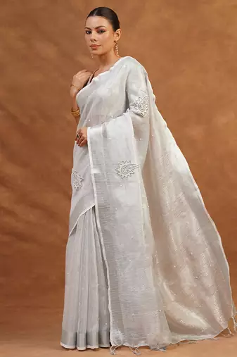 Silver grey tissue linen saree