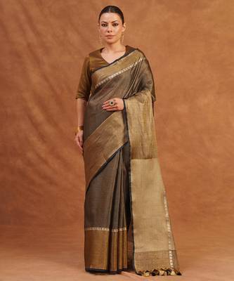 Charcoal black and gold tissue linen saree 1