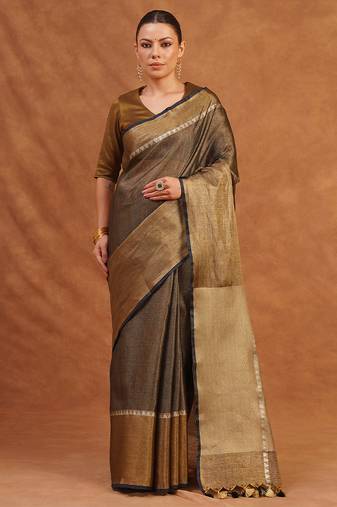 Charcoal black and gold tissue linen saree