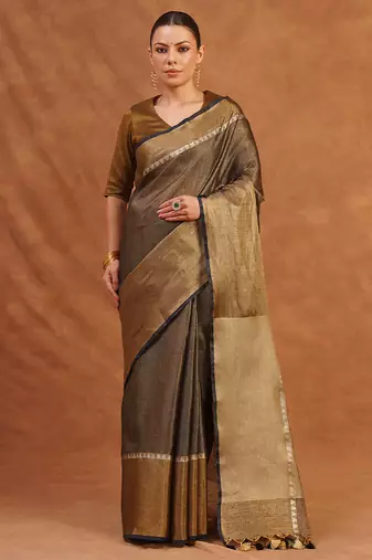 Charcoal black and gold tissue linen saree