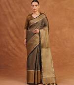 Charcoal black and gold tissue linen saree