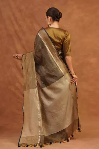 Charcoal black and gold tissue linen saree