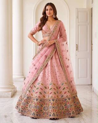 Light Pink Silk Blend Embroidered Party Wear Sangeet Lehenga Choli Set 1