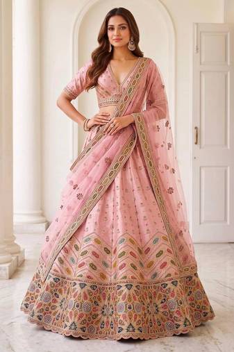 Light Pink Silk Blend Embroidered Party Wear Sangeet Lehenga Choli Set