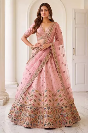 Light Pink Silk Blend Embroidered Party Wear Sangeet Lehenga Choli Set