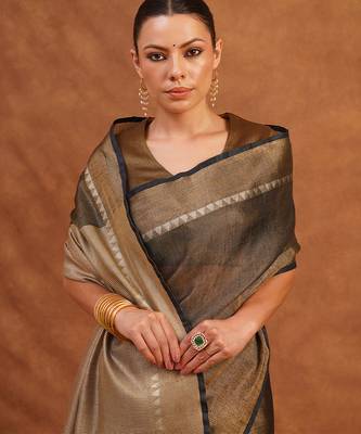 Charcoal black and gold tissue linen saree 3