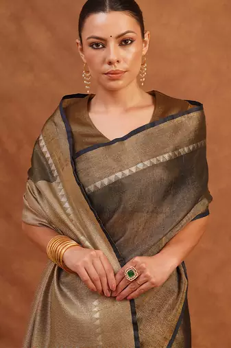 Charcoal black and gold tissue linen saree