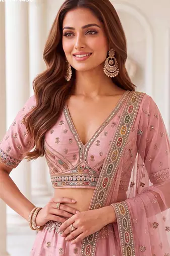 Light Pink Silk Blend Embroidered Party Wear Sangeet Lehenga Choli Set