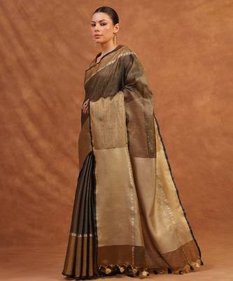 Charcoal black and gold tissue linen saree 4