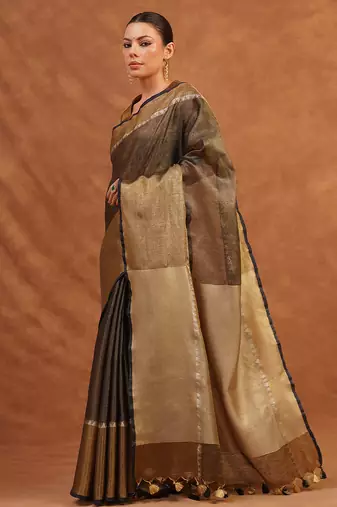 Charcoal black and gold tissue linen saree