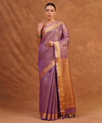 Purple embroidered tissue linen saree 1