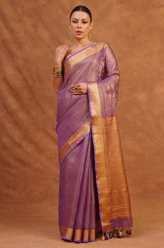 Purple embroidered tissue linen saree
