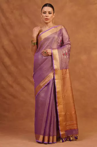Purple embroidered tissue linen saree