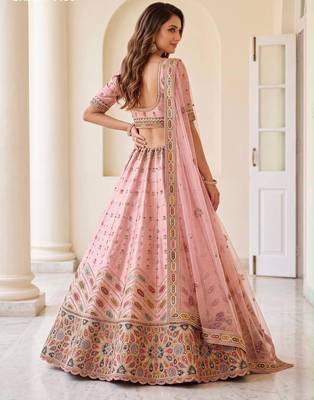 Light Pink Silk Blend Embroidered Party Wear Sangeet Lehenga Choli Set 3