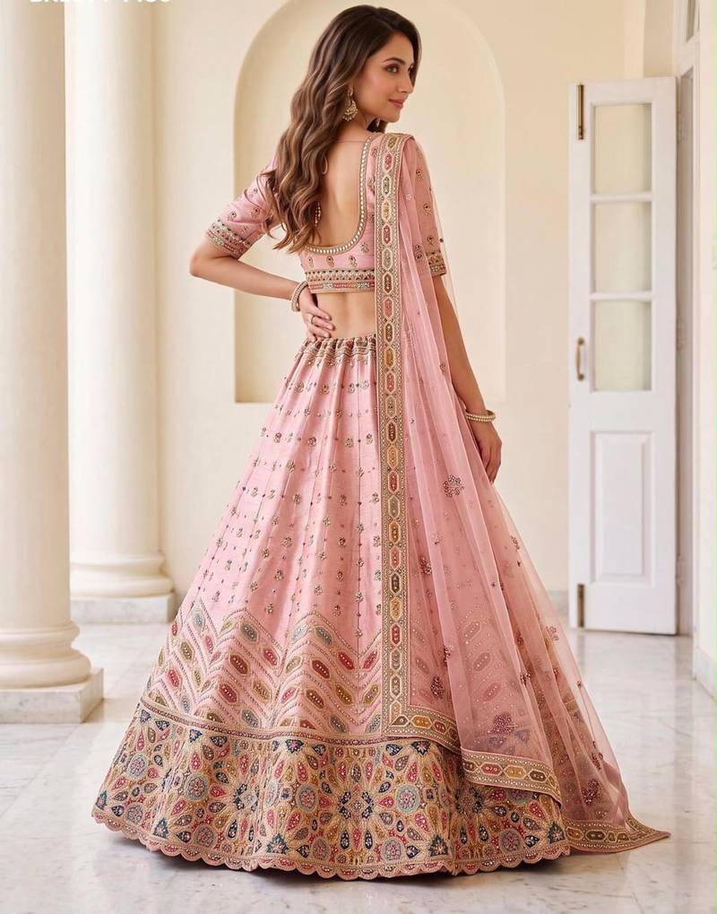 Light Pink Silk Blend Embroidered Party Wear Sangeet Lehenga Choli Set