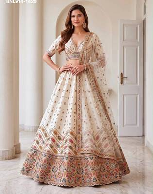 Off-White Silk Blend Embroidered Designer Reception Lehenga Choli Set 1