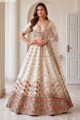 Off-White Silk Blend Embroidered Designer Reception Lehenga Choli Set
