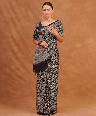Black ajrakh printed modal silk saree 1