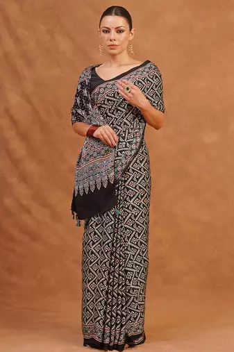Black ajrakh printed modal silk saree