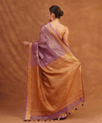 Purple embroidered tissue linen saree 2