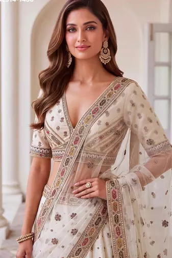 Off-White Silk Blend Embroidered Designer Reception Lehenga Choli Set