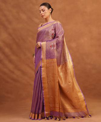 Purple embroidered tissue linen saree 3