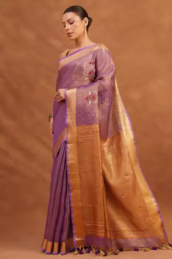 Purple embroidered tissue linen saree