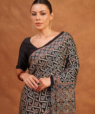 Black ajrakh printed modal silk saree 2