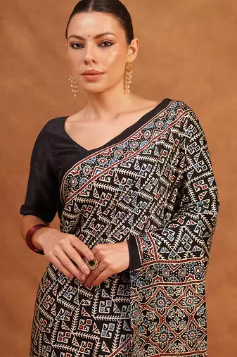 Black ajrakh printed modal silk saree