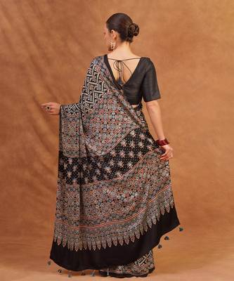 Black ajrakh printed modal silk saree 3