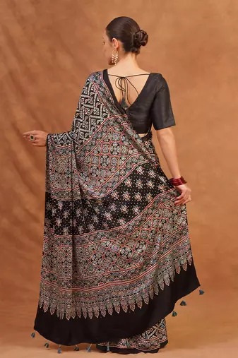 Black ajrakh printed modal silk saree