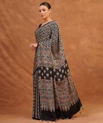 Black ajrakh printed modal silk saree 4