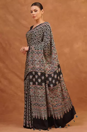 Black ajrakh printed modal silk saree