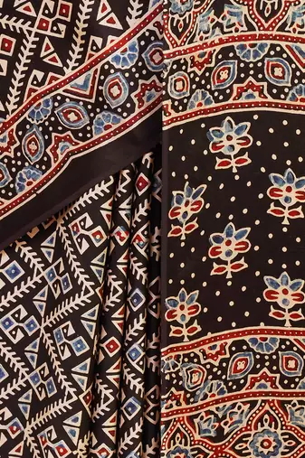 Black ajrakh printed modal silk saree