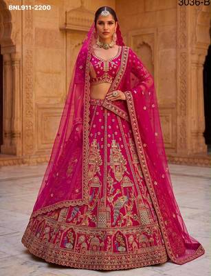 Rani Pink Silk Blend Embroidered Heavy Bridal Wedding Lehenga Choli Set 1