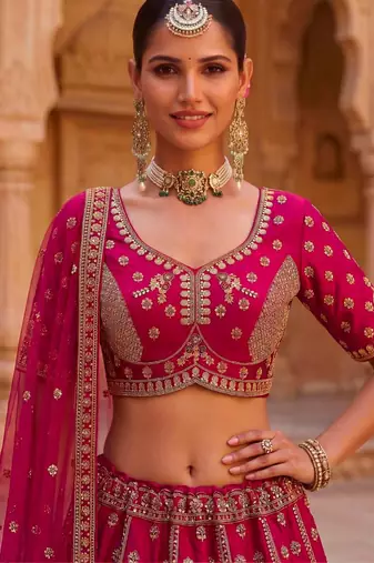 Rani Pink Silk Blend Embroidered Heavy Bridal Wedding Lehenga Choli Set